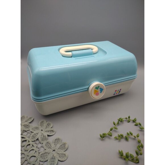 Vintage Caboodles Blue White Retro Plastic Makeup Carrying Case Box 5626, USA - Picture 1 of 17